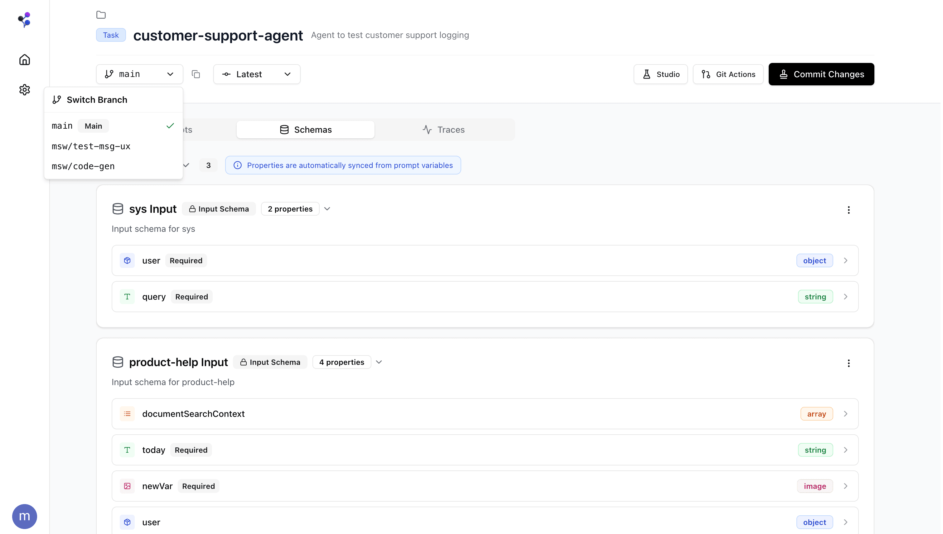 Moxn branch selector showing version control for prompts