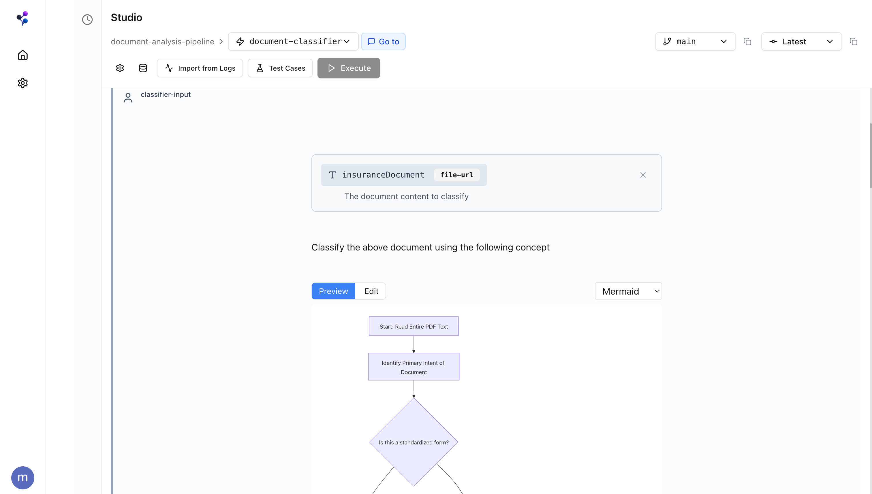 Moxn Studio showing document classifier prompt with rendered Mermaid flowchart and test execution controls
