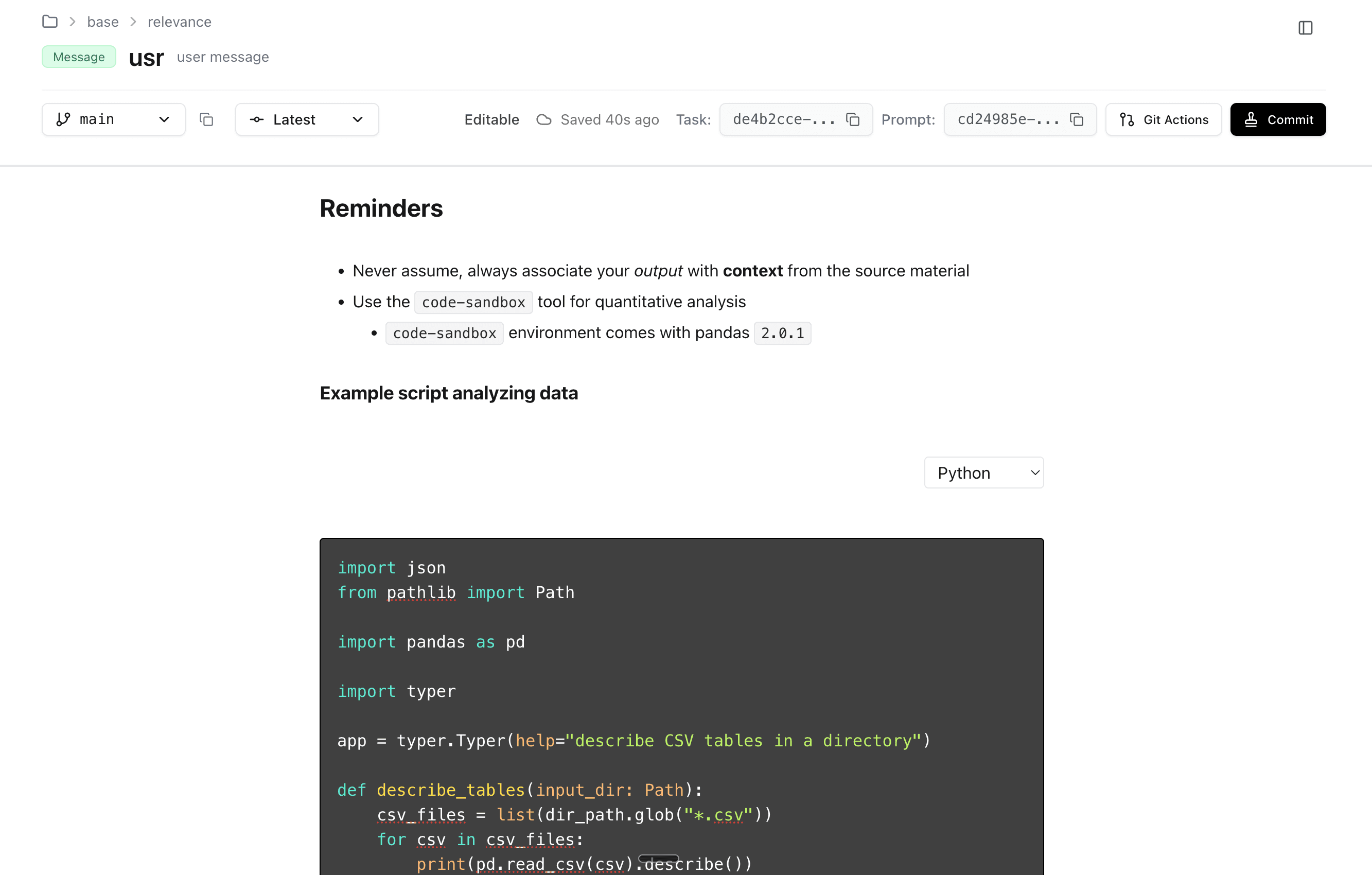 Moxn editor showing rich formatting: headers, lists, bold text, inline code, and Python code with syntax highlighting
