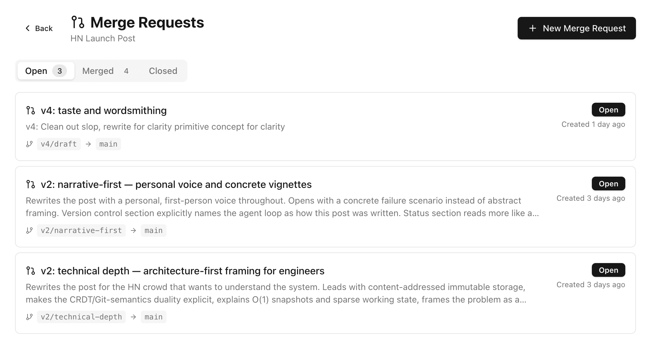 Merge requests from parallel agent branches used to write this post