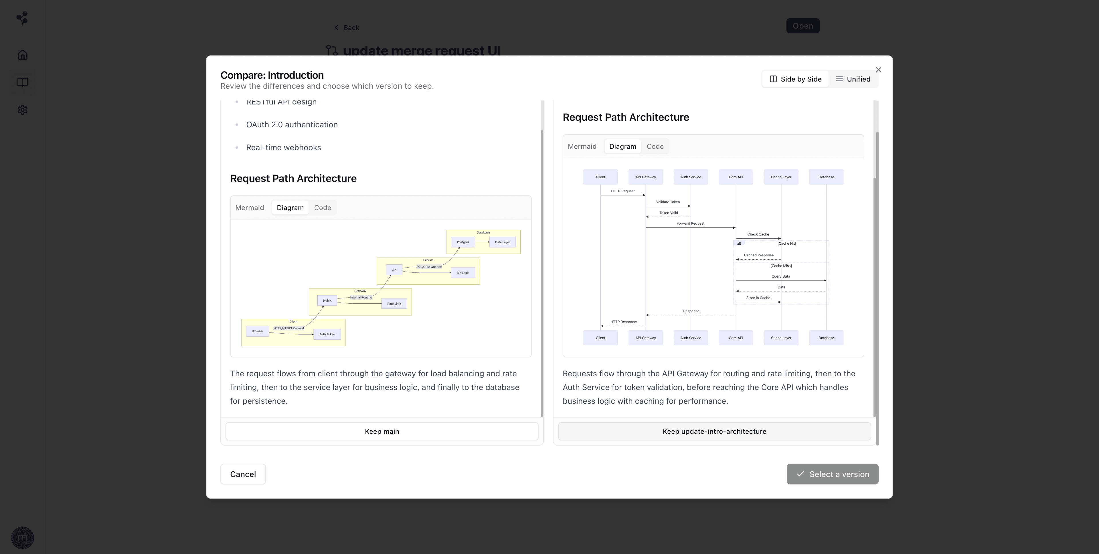 Moxn merge comparison showing side-by-side diff of two mermaid diagrams with Keep buttons