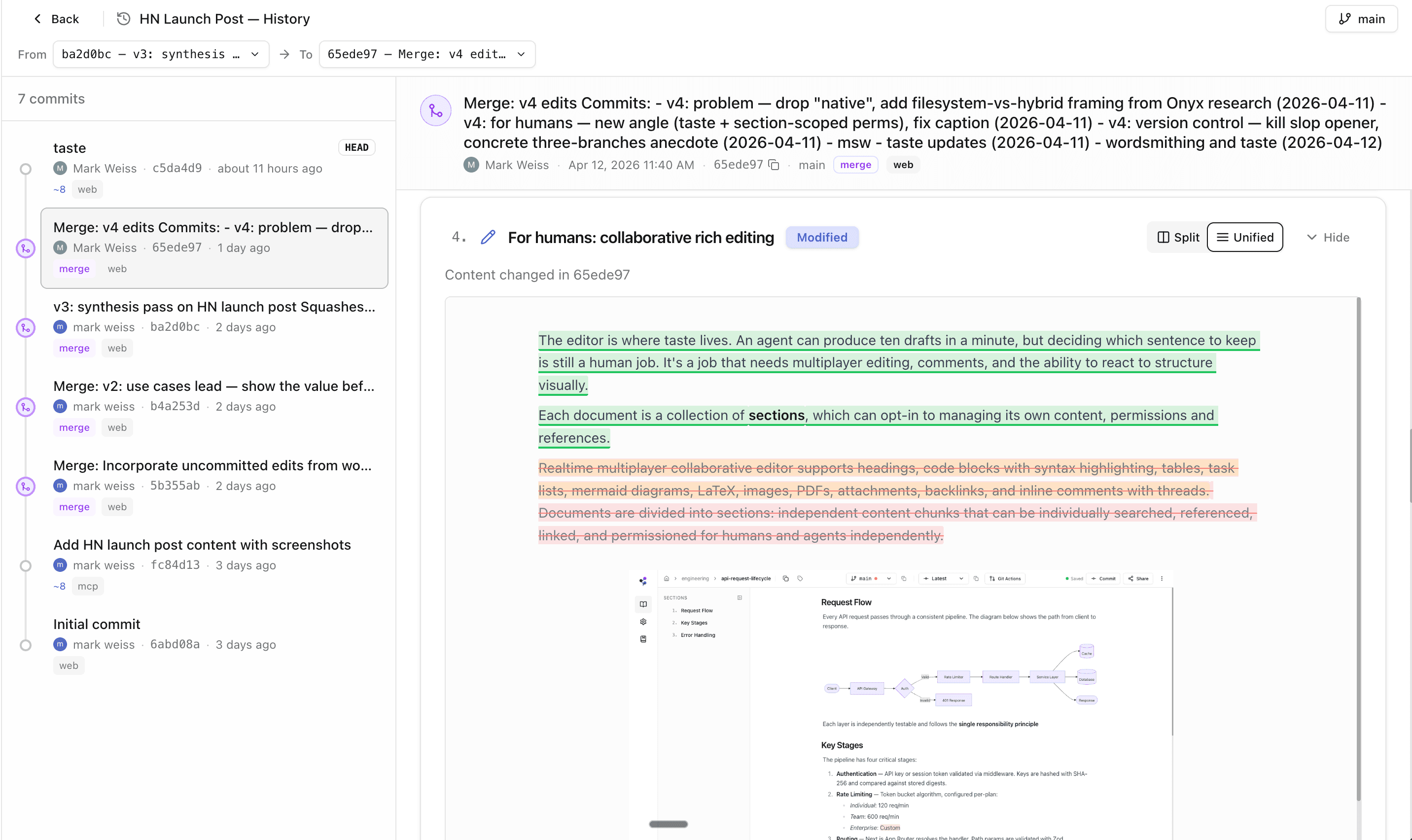 Commit history diff UI with rich content rendering