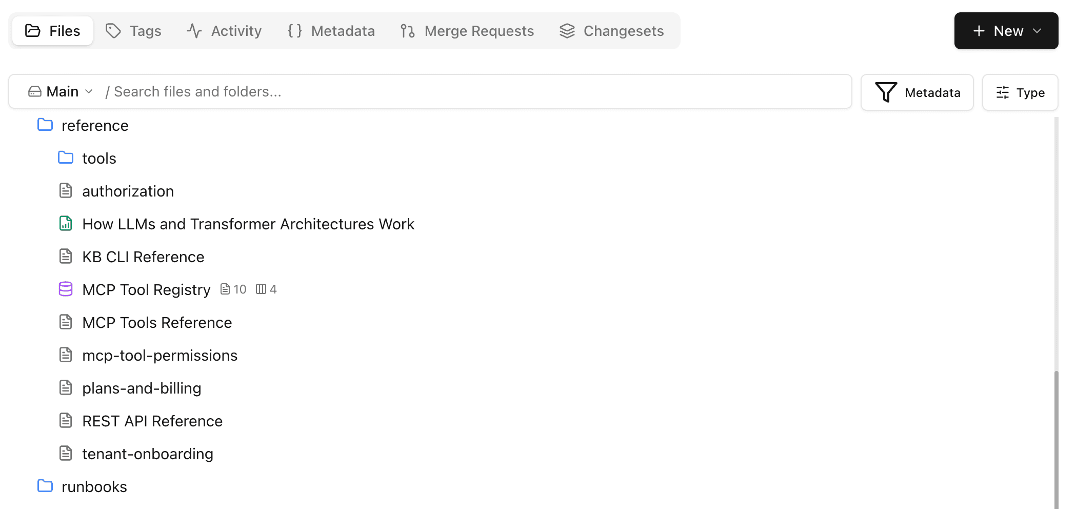 The Moxn virtual filesystem showing documents, slide decks, and reports organized in a nested file tree