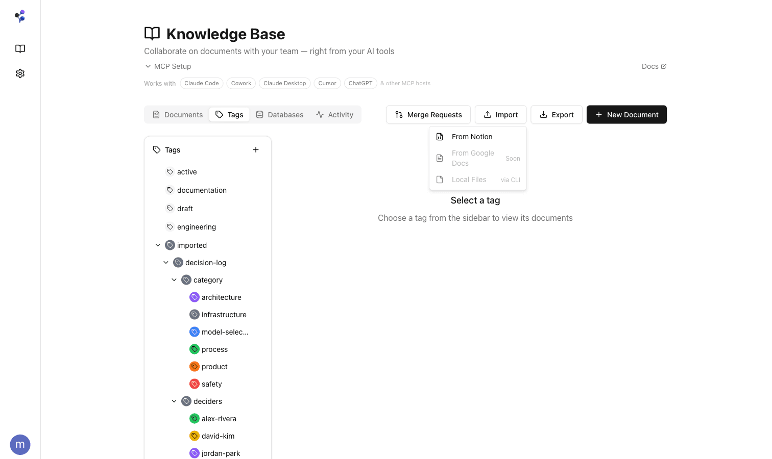 Import dropdown showing Notion, Markdown, and CSV import options