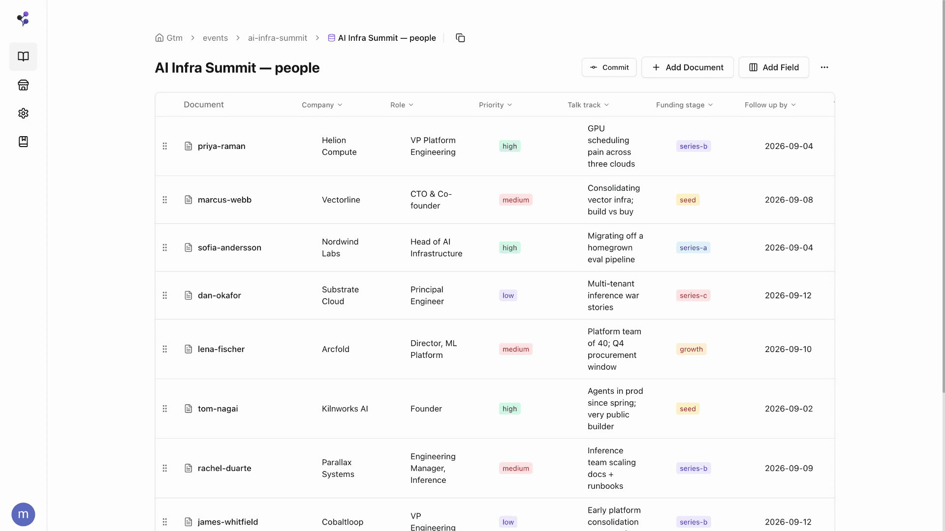 A typed metadata grid in Moxn with documents as rows and schema fields as columns: company, role, priority, talk track, funding stage, follow-up date