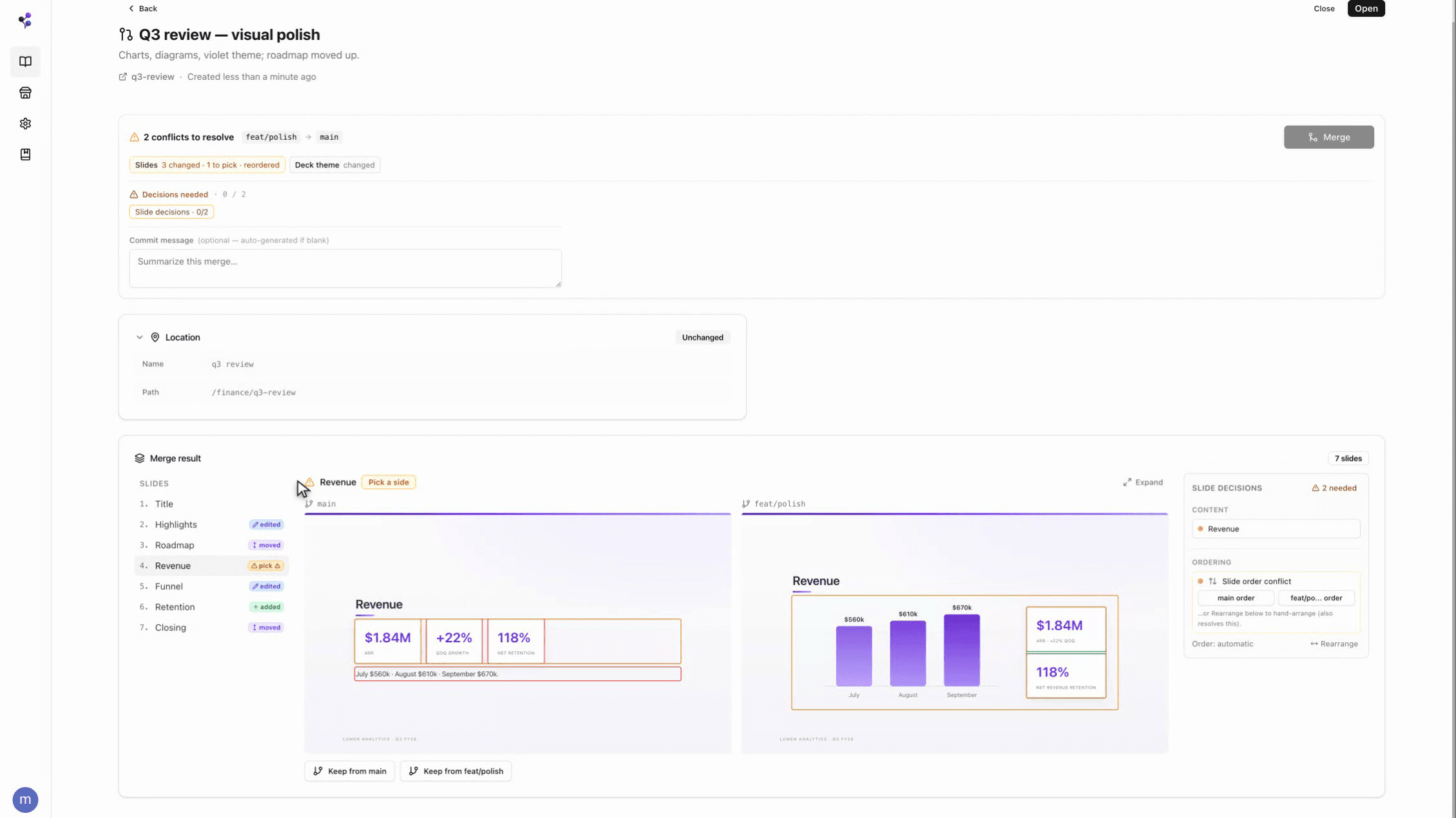 A Moxn merge request on a slide deck: conflict summary, per-slide change badges, and a side-by-side slide comparison with keep-from-branch controls