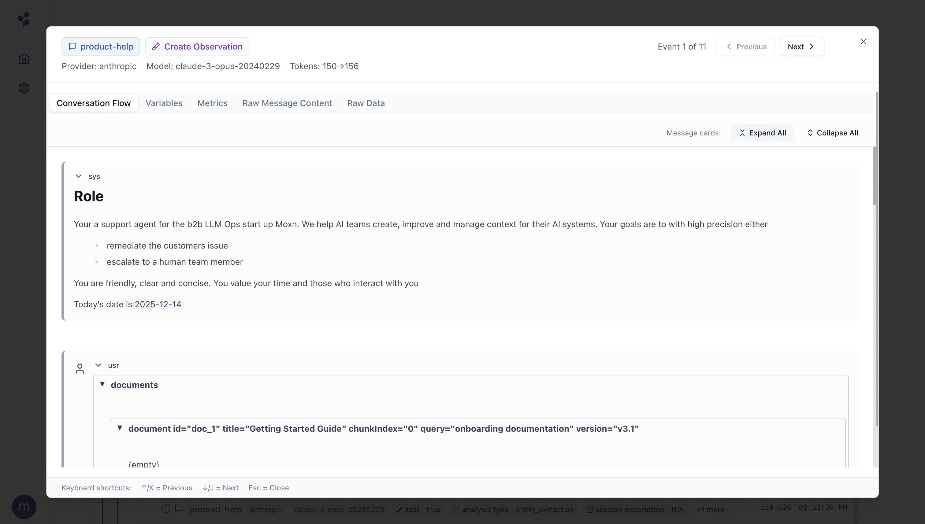 Moxn span detail showing full LLM context with messages and responses