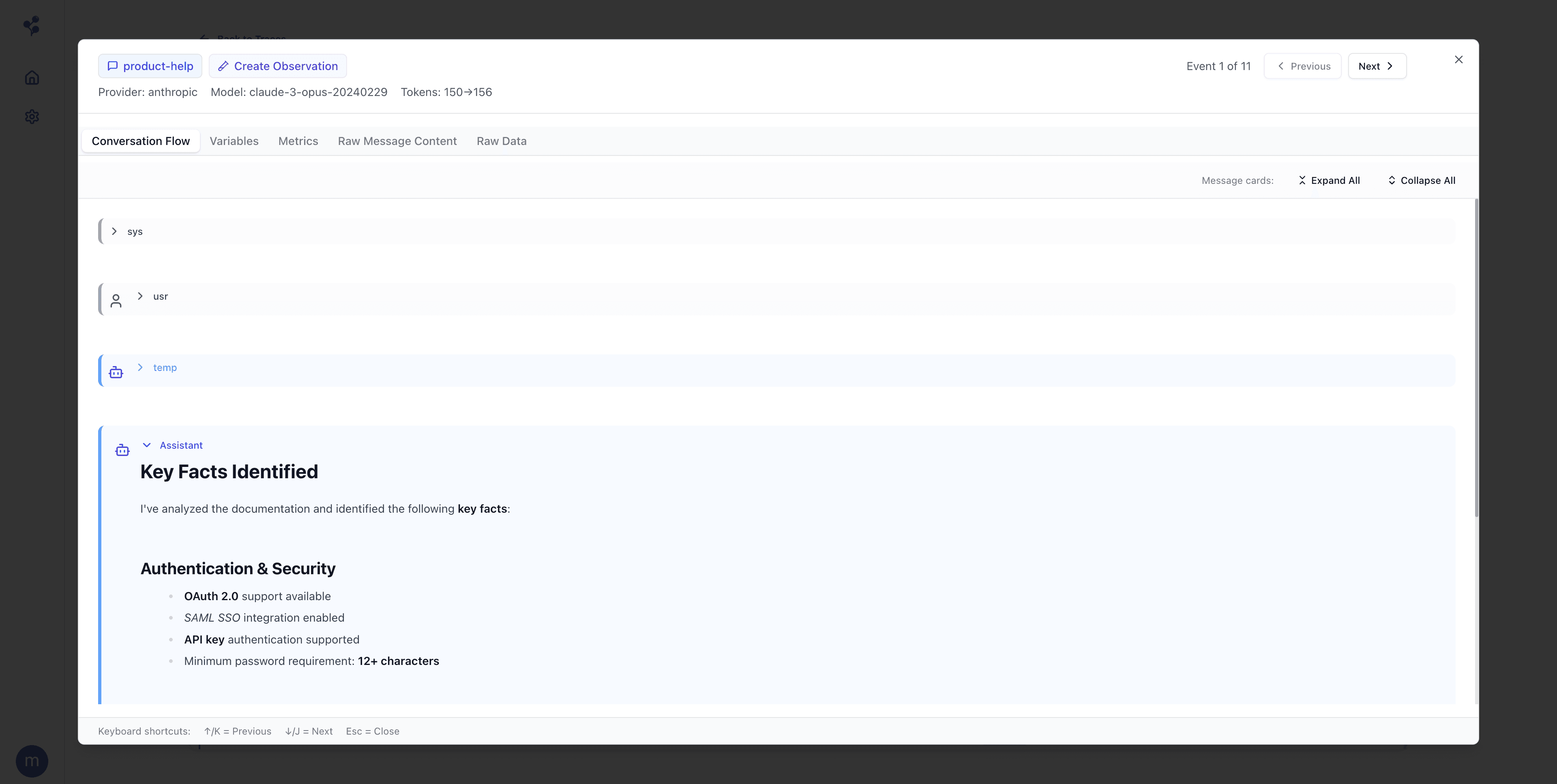 Moxn span detail showing full conversation flow with system, user, and assistant messages