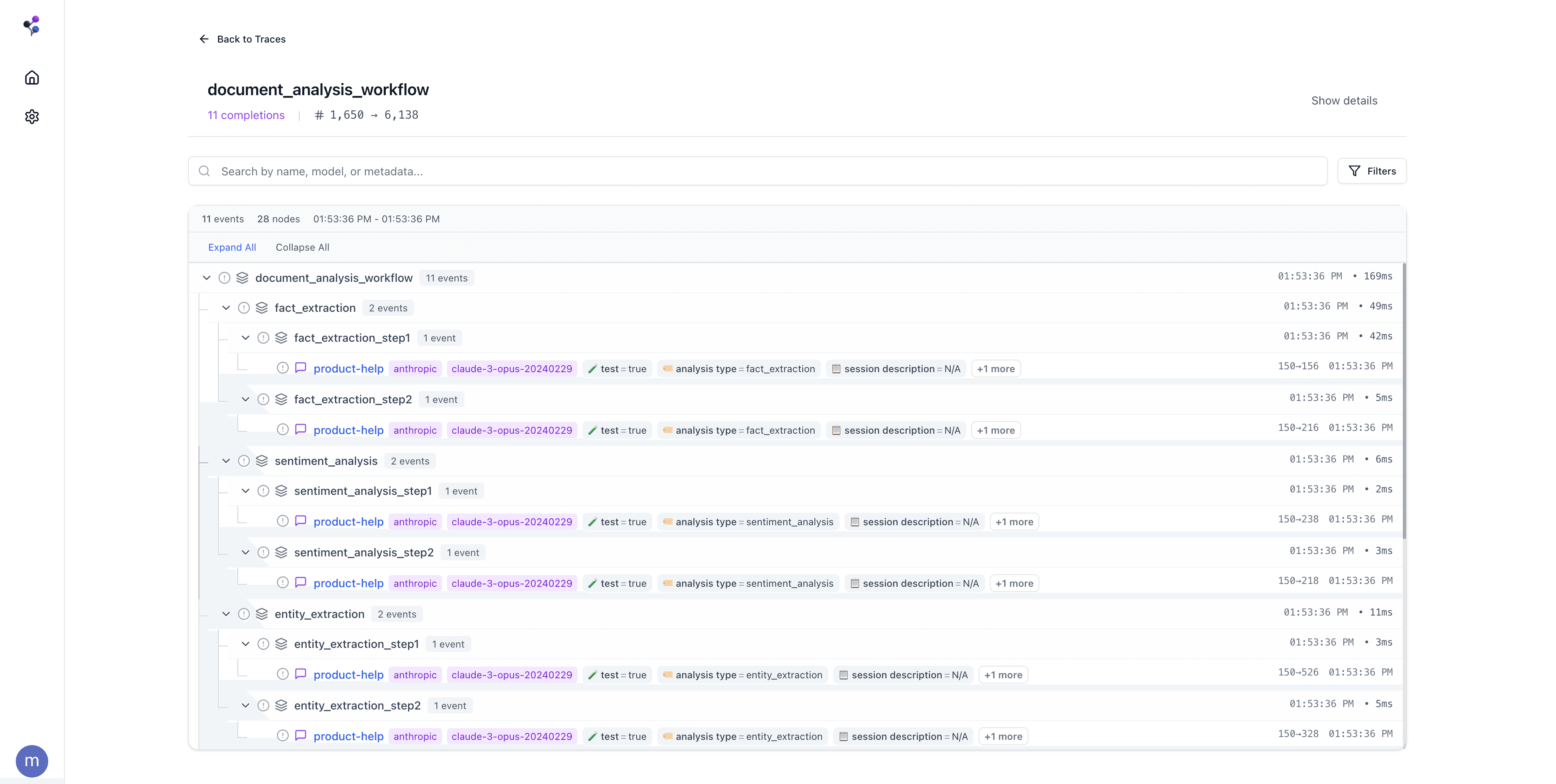 Moxn trace explorer showing hierarchical span tree with nested LLM calls, timing, and metadata