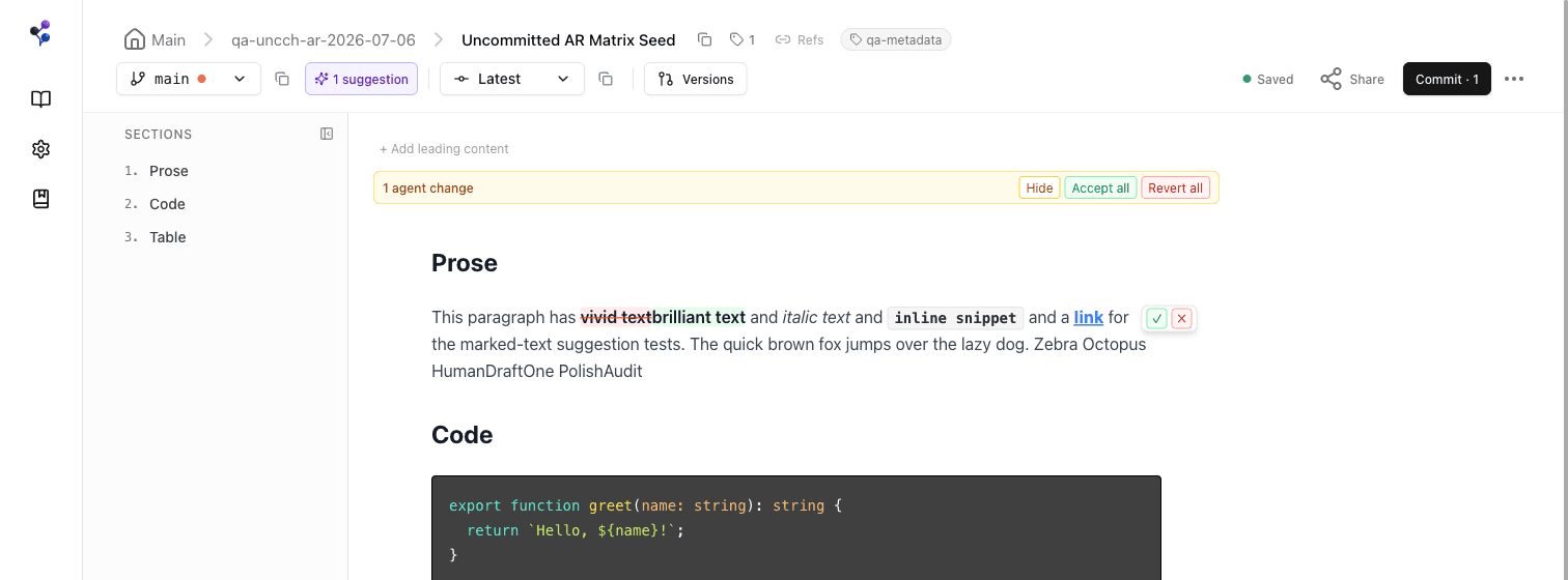 Moxn editor with branch selector, commit selector, section outline, and reviewable agent change controls